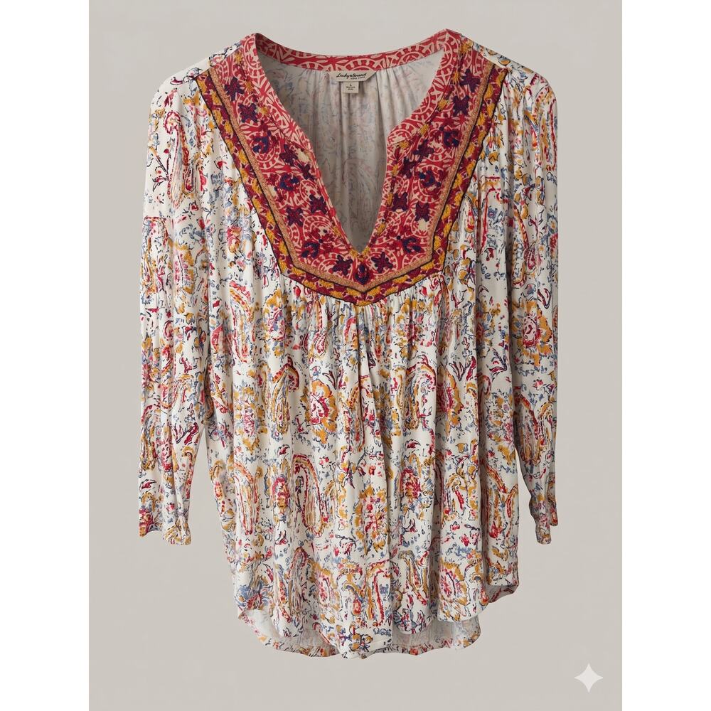 Lucky Brand Womens L Boho Artsy Eclectic Cottagecore‎ Embroidered V-Neck Blouse
